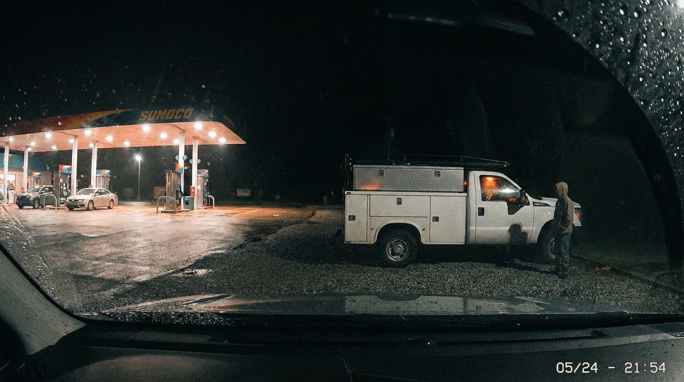 Utility truck at far edge of gas station parking lot at night - witness reconstruction