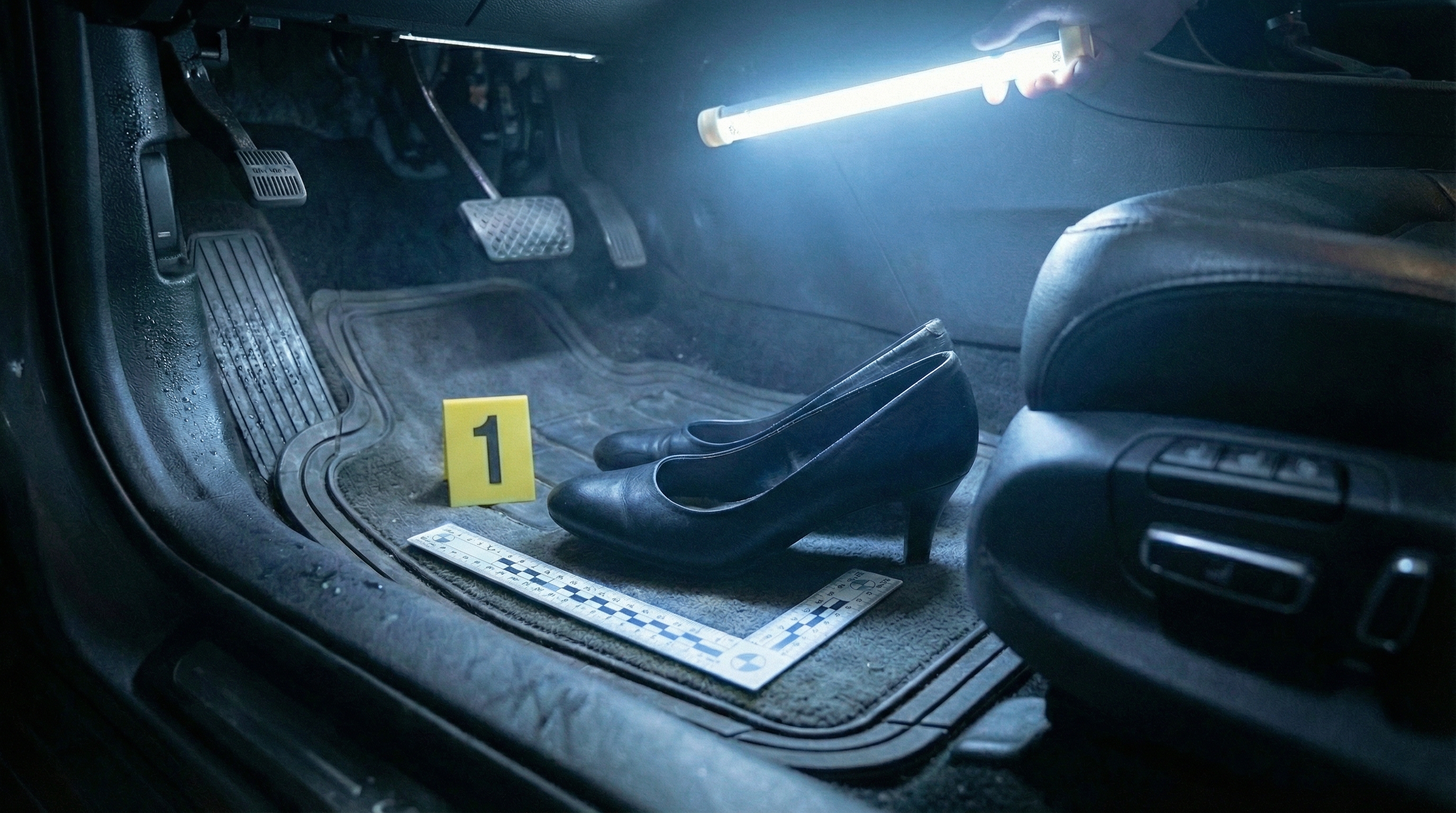 Black heels on car floor mat - evidence photo