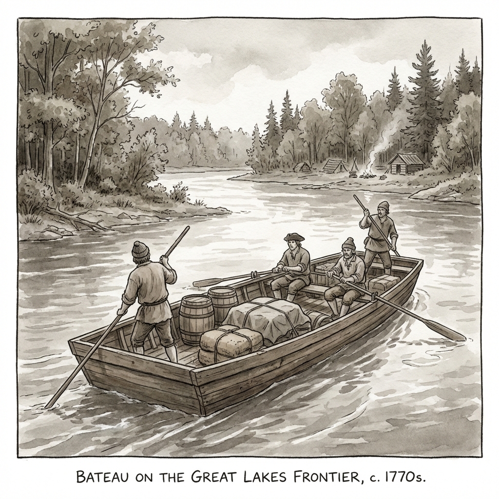 A bateau carrying cargo on the Great Lakes, c. 1770s
