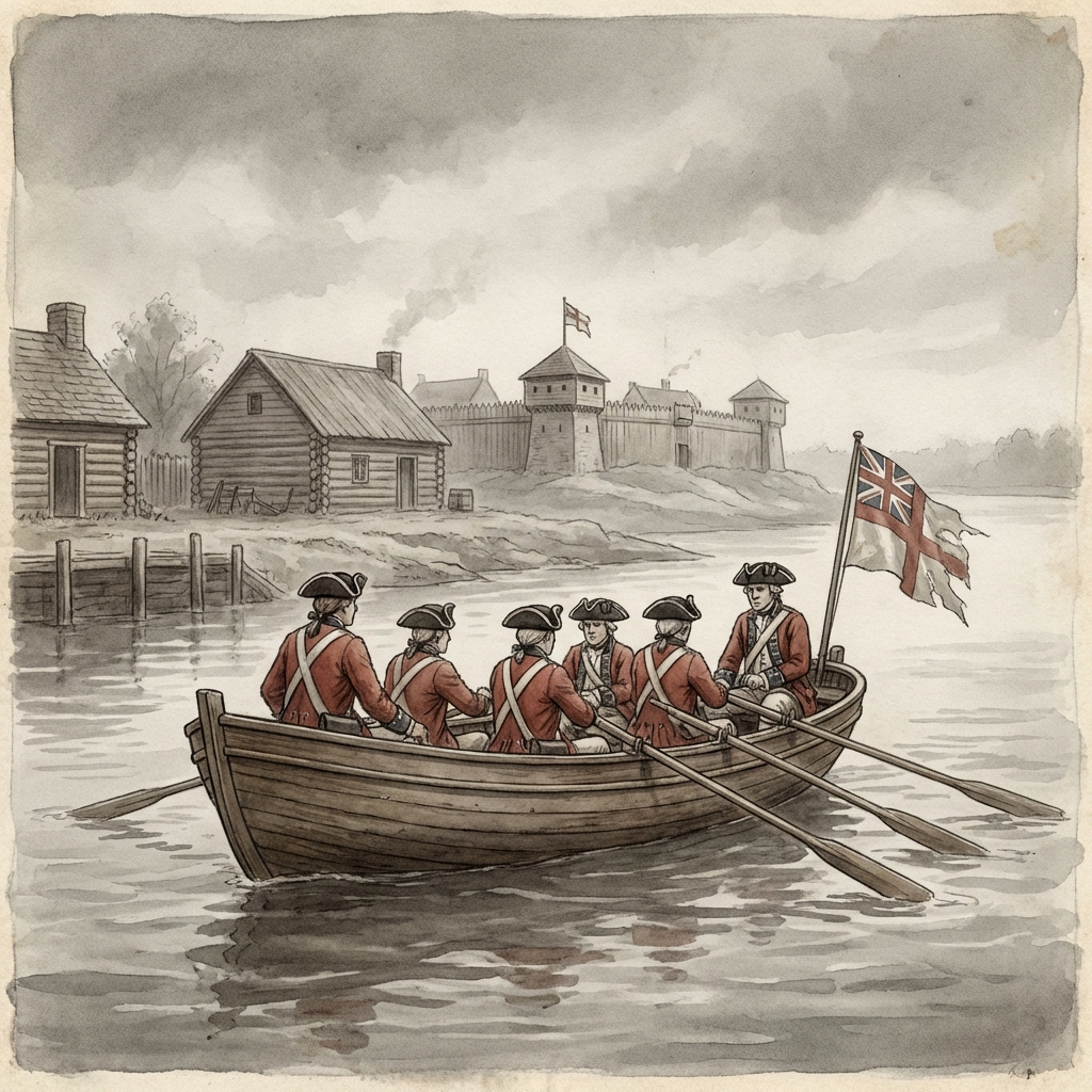 British soldiers rowing a yawl on the Detroit River, 1774