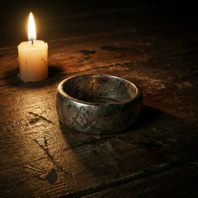 A silver ring with compasses and square